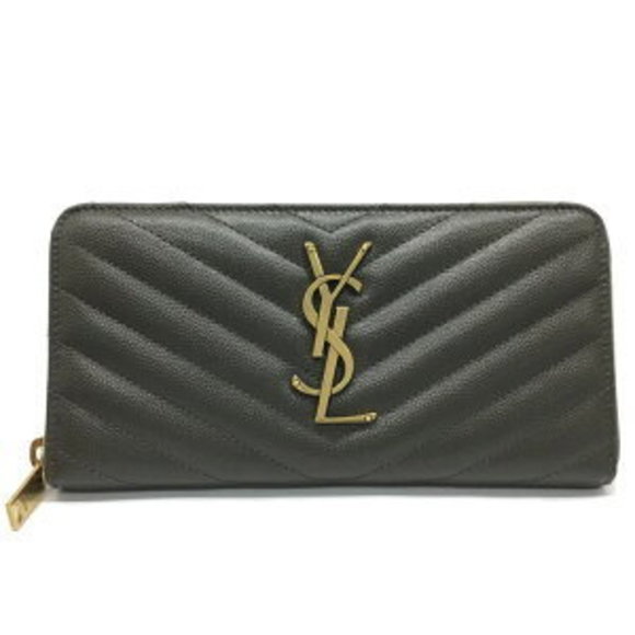 SAINT LAURENT V stitched zip long Wallet YSL leather khaki gray - Picture 1 of 7